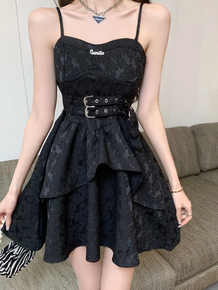 

Deeptown Dark Gothic Black Dress Women Cyber Punk Korean Style Irregular Ruffles Printed High Waist Tunic Mini Slip Prom Dresses