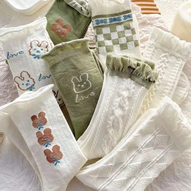 

SP & CITY зеленые хлопковые носки с мультяшным рисунком женские корейские дышащие Повседневные носки средней длины кружевные милые забавные н...