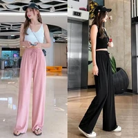 womens leisure long pants summer lace up wide leg trousers 2022 casual high waist ice silk pleated loose trousers female slacks