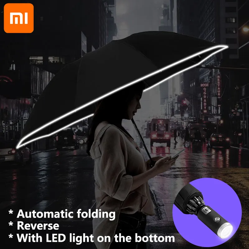 

Xiaomi With LED light Automatic Folding Umbrella On the Bottom Sunny Rainy Bumbershoot Aluminum Waterproof Reverse Umbrella