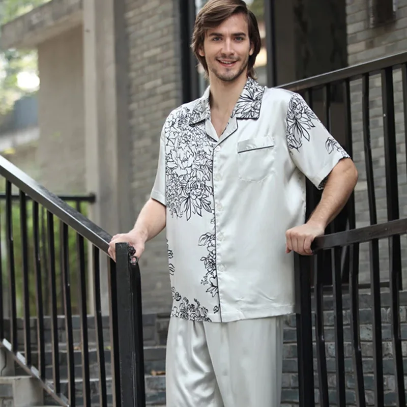 Men's Pyjama Set Short-Sleleve Silk Satin Pajamas for Couples Printed Couple Pajamas Men & Women Matching Sleep & Lounge Wear