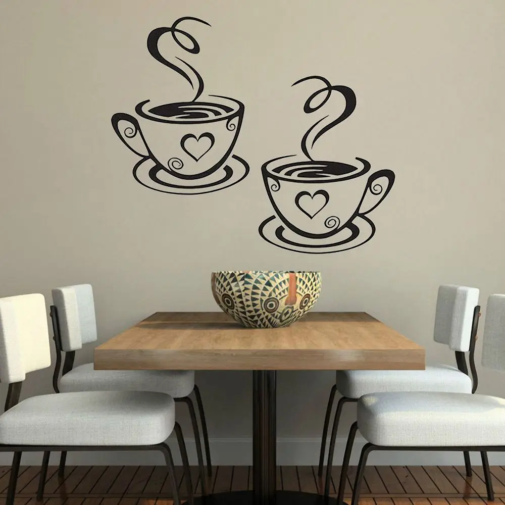 

1pair Kitchen Wall Stickers Coffee Cup with Heart Sticker for Cafe Oven Dining Hall DIY Vinyl Self Adhesive Wall Decoration