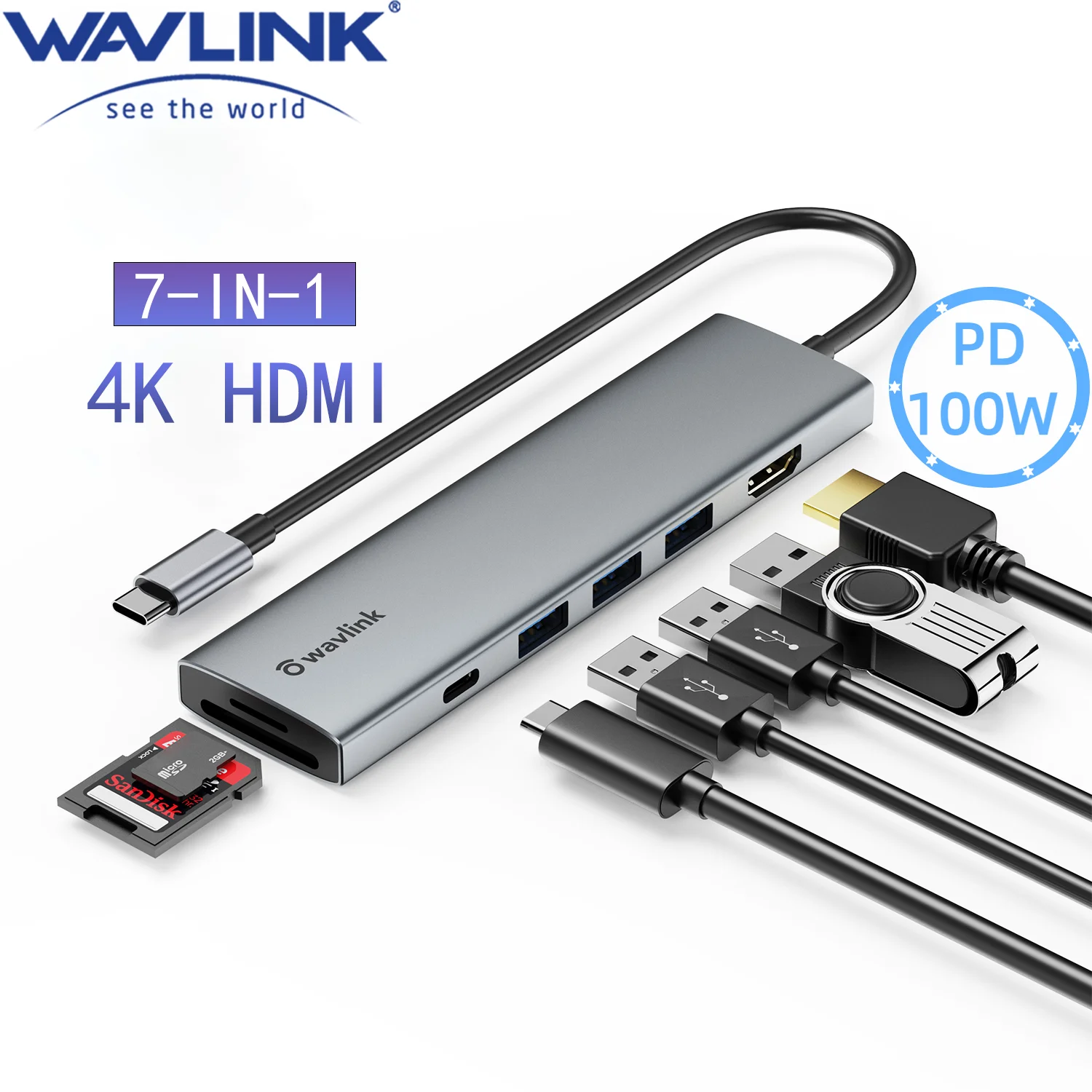 

Wavlink USB C Hub 7-in-1 Type-C Adapter with 100W Power Delivery 4K@30Hz HDMI SD/TF Card Slots USB 3.0 5Gbps Data Ports for PC