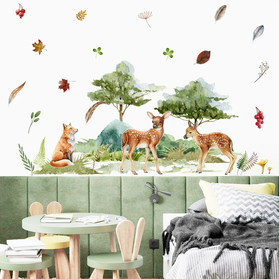 

Cartoon Fox Deer Animal Green Leaves Wall Stickers Children Nursery Vinyl Wall Decal Mural Kids Baby Room Interior Home Decor