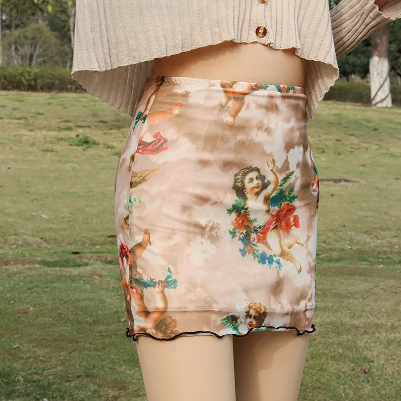 

2021 New Spring Summer Half-length Bag Hip Skirts Little Angel Print Temperament Brown Short Skirt Ruffle A-line Skirt Female OL