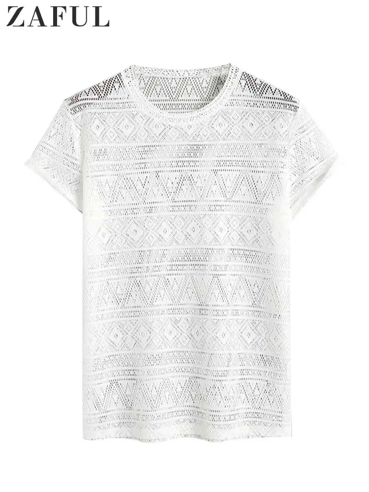 

ZAFUL Geometric Sheer Openwork T-shirt for Men Short Sleeves Tee Summer Beach Vacation Thin Round Neck See Through Tops Z5095781