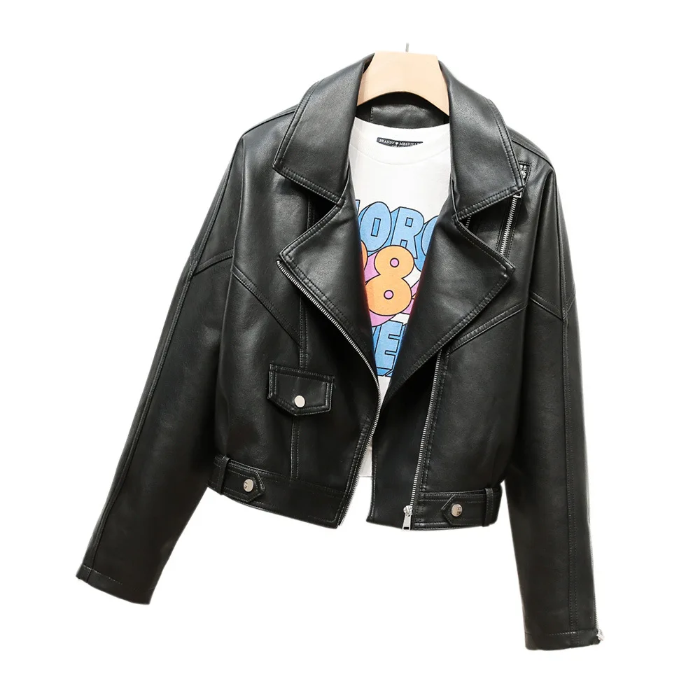 2023 Spring and autumn motorcycle leather lapel short coat loose handsome leather jacket