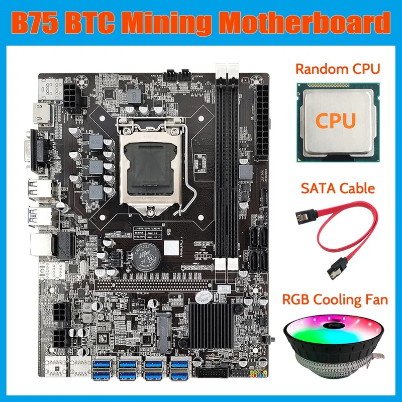 

B75 BTC Mining Motherboard+Random CPU+RGB Cooling Fan+SATA Cable LGA1155 8XPCIE USB Adapter DDR3 MSATA Motherboard