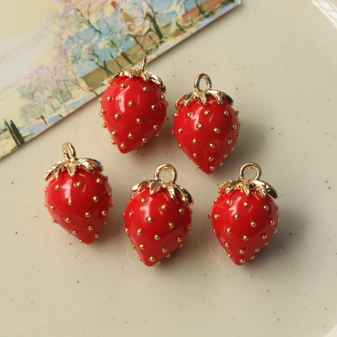 

1pcsins korean artificial fruit golden dot three-dimensional strawberry diy earrings hair ornaments pendant charms material