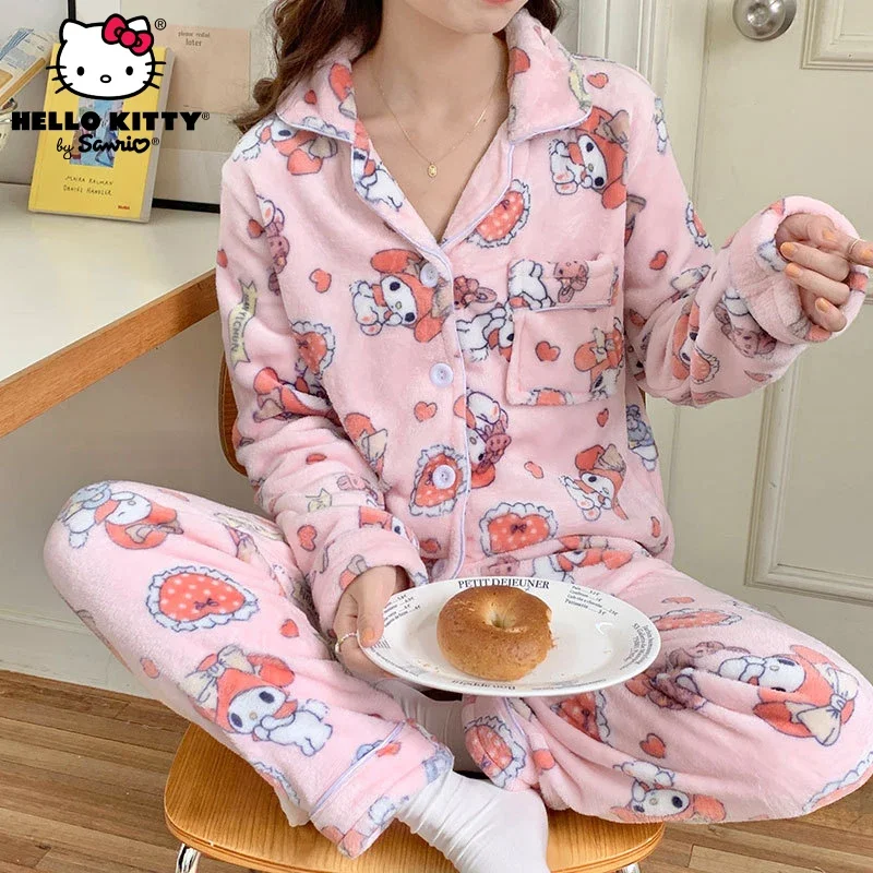 

Женская Фланелевая пижама Sanrio My Melody, зимняя, бархатная, утепленная, в мультяшном стиле, для девушек, для студентов, повседневная домашняя одежда