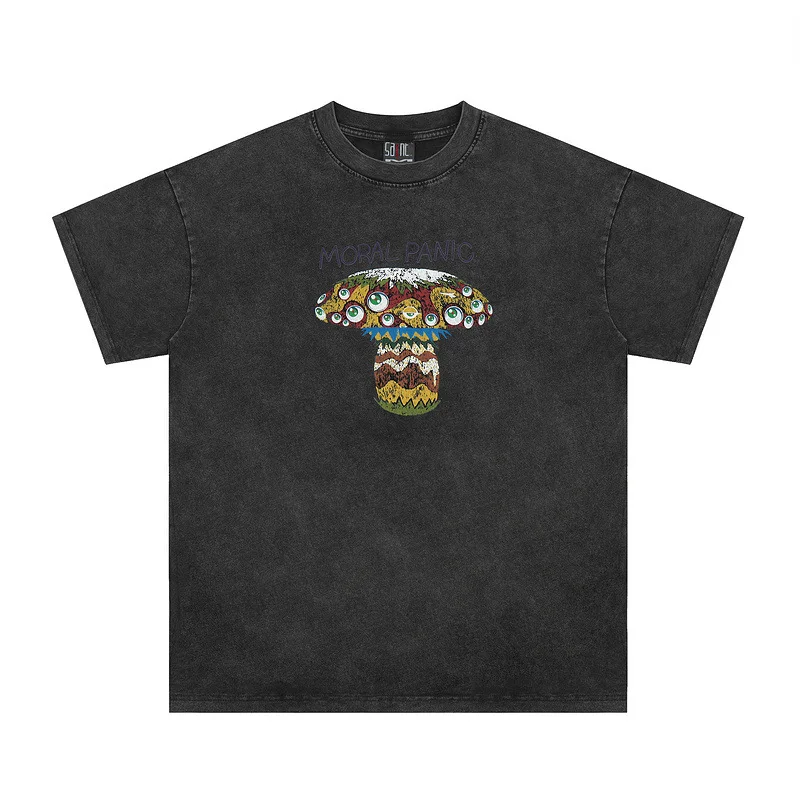 

Fashion Trend Saint Michael cartoon mushroom print washed old round neck short sleeved T-shirt
