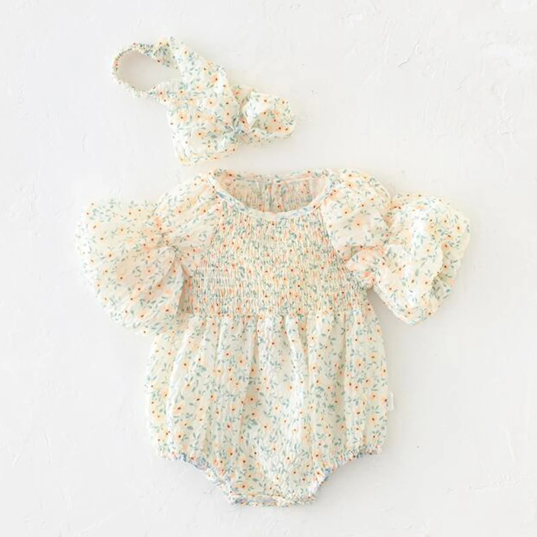 

Мягкий дышащий комбинезон для маленьких девочек с цветочным рисунком, летний короткий комбинезон с буффами для младенцев, детское боди, одежда для малышей, детские комбинезоны 0-24 месяцев