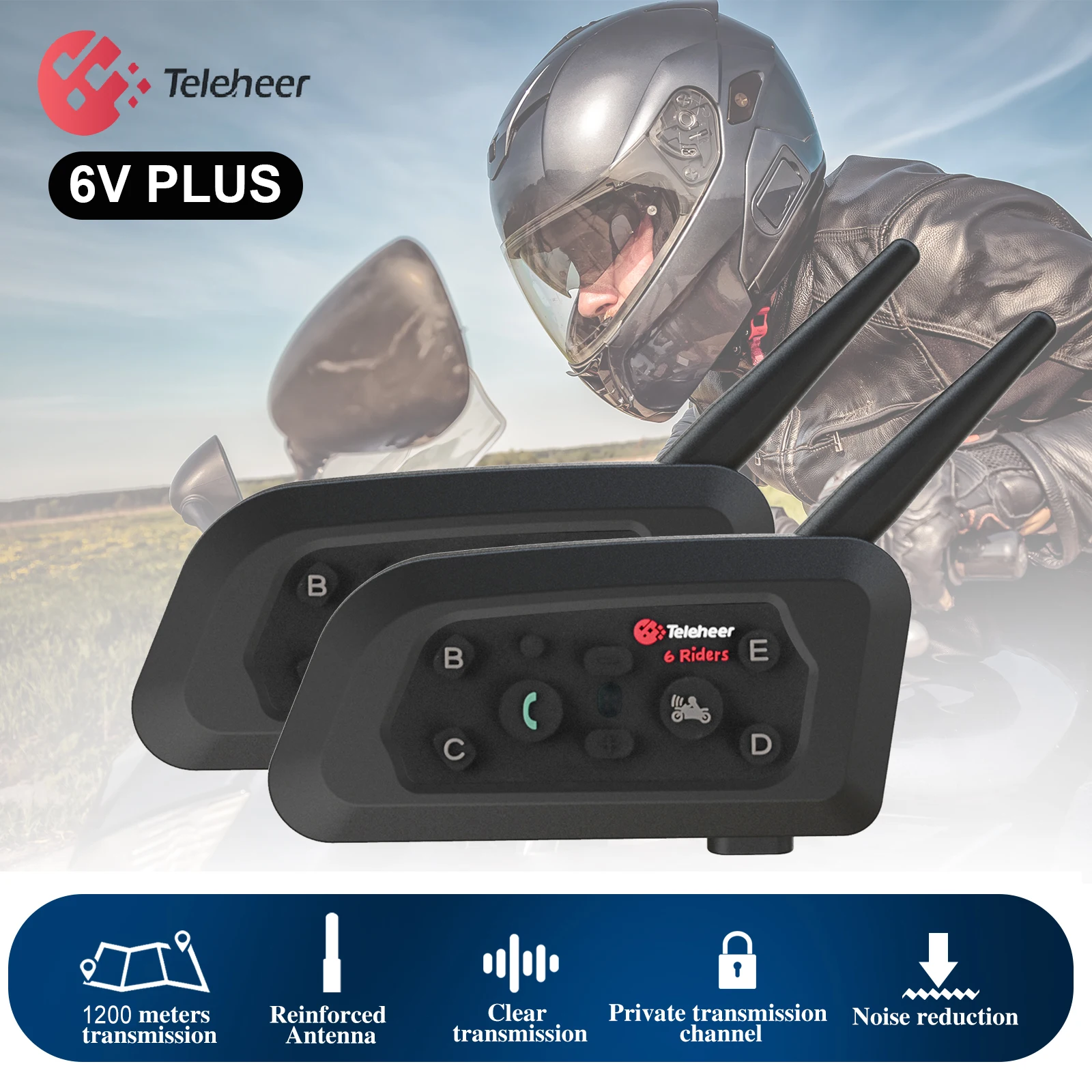 

Bluetooth-гарнитура Teleheer V6 Plus мотоциклетная водонепроницаемая, 1200 мА, м
