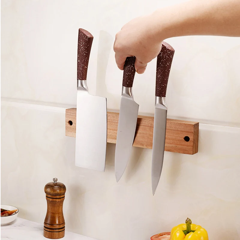 

Wall Mount No Drill Magnetic Knife Strip Chef Kitchen Knife Holder Cleaver Slicing Utility Knives Rack Wood Magnet Knife Block