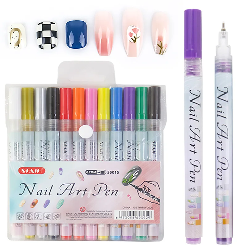 12pcs/set Nail Art Graffiti Pen Black Gold Color UV Gel Polish Design Dot Painting Drawing Pen Liner Brush Nail DIY Flower Tools