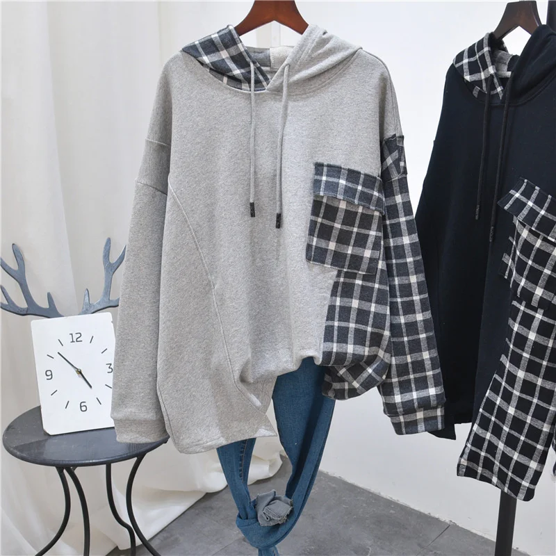

Свитер женский, весна-осень 2022, корейский стиль, свободные Прошитые клетчатые толстовки, Лоскутная Повседневная одежда, пуловер для девочек...