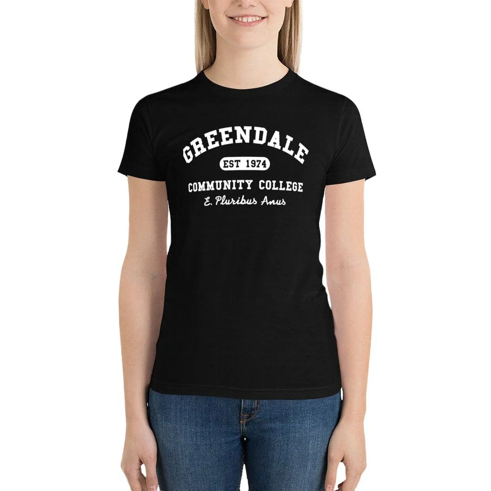 Классическая футболка Greendale для колледжа с надписью E multibus Anus топы кавайная