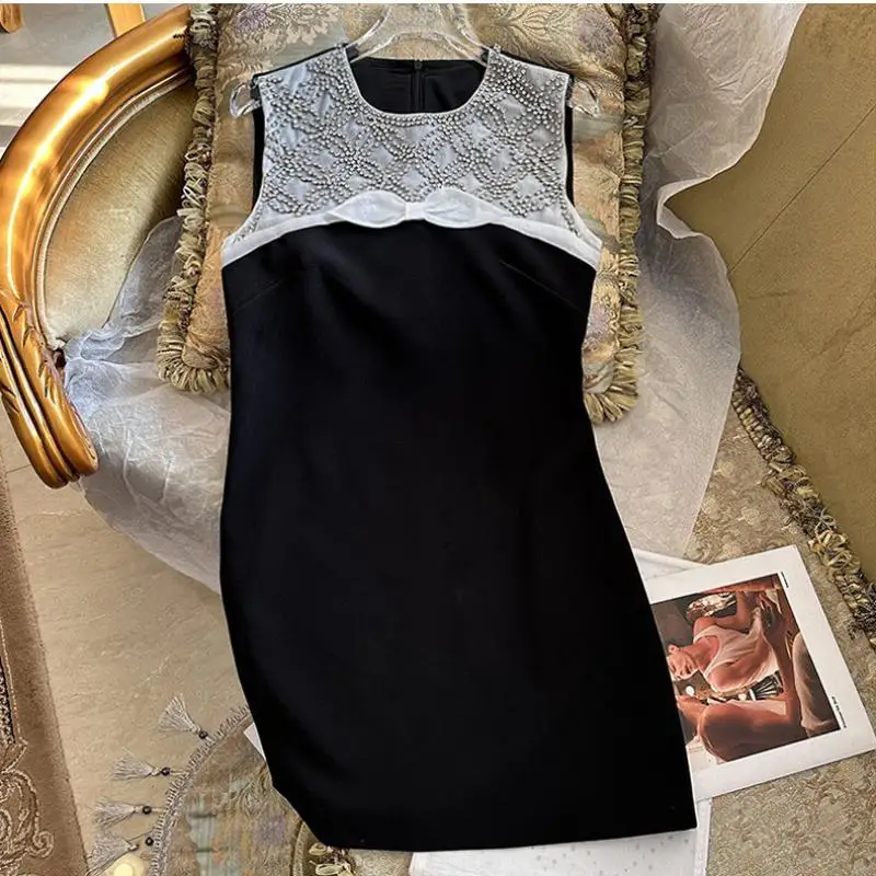 

Дизайнерское Брендовое Сетчатое платье, Черное вечернее платье, роскошное лоскутное платье мини без рукавов со стразами и бантом, весна-лето 2023