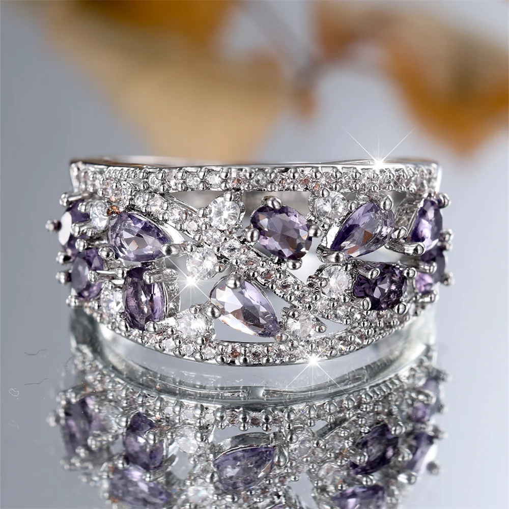 Винтажные Обручальные Кольца Серебристого Цвета С Фиолетовым Кристаллом В Форме