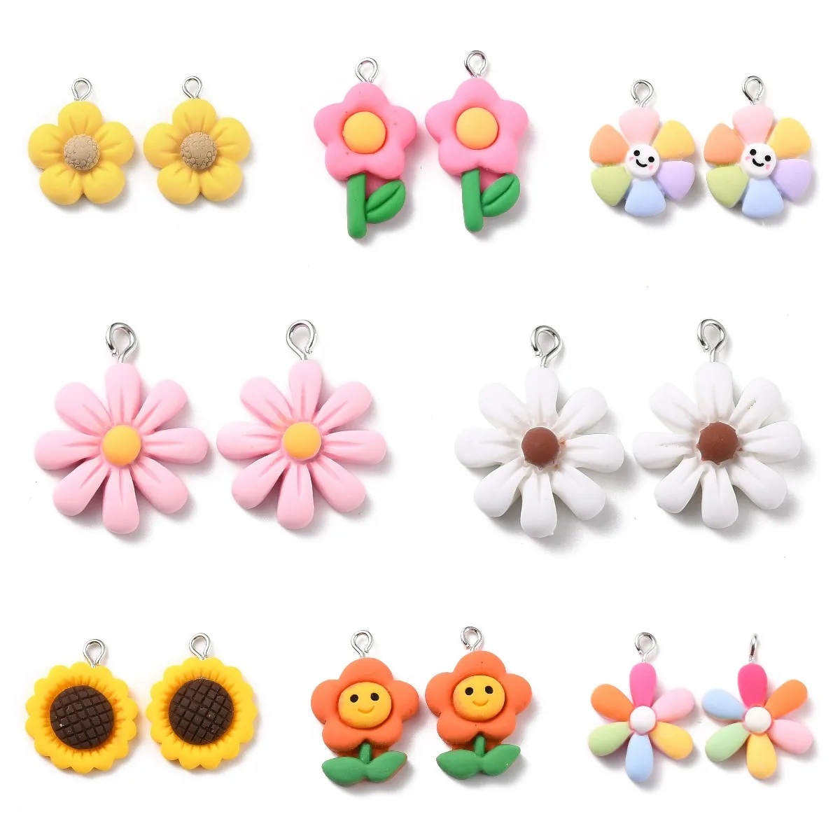 

30pcs Cute Daisy Sunflower Pink Cherry Flowers Resin Charms For Necklaces Earrings Keychain DIY Handmade Jewelry Making