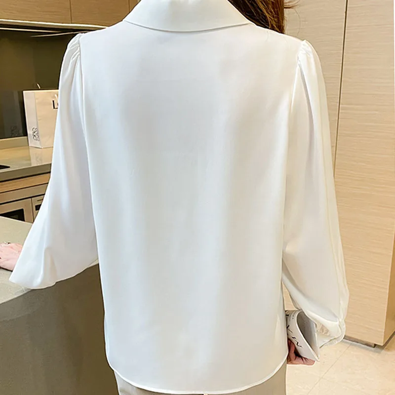 Женская шифоновая рубашка с длинным рукавом белая Свободная блузка во