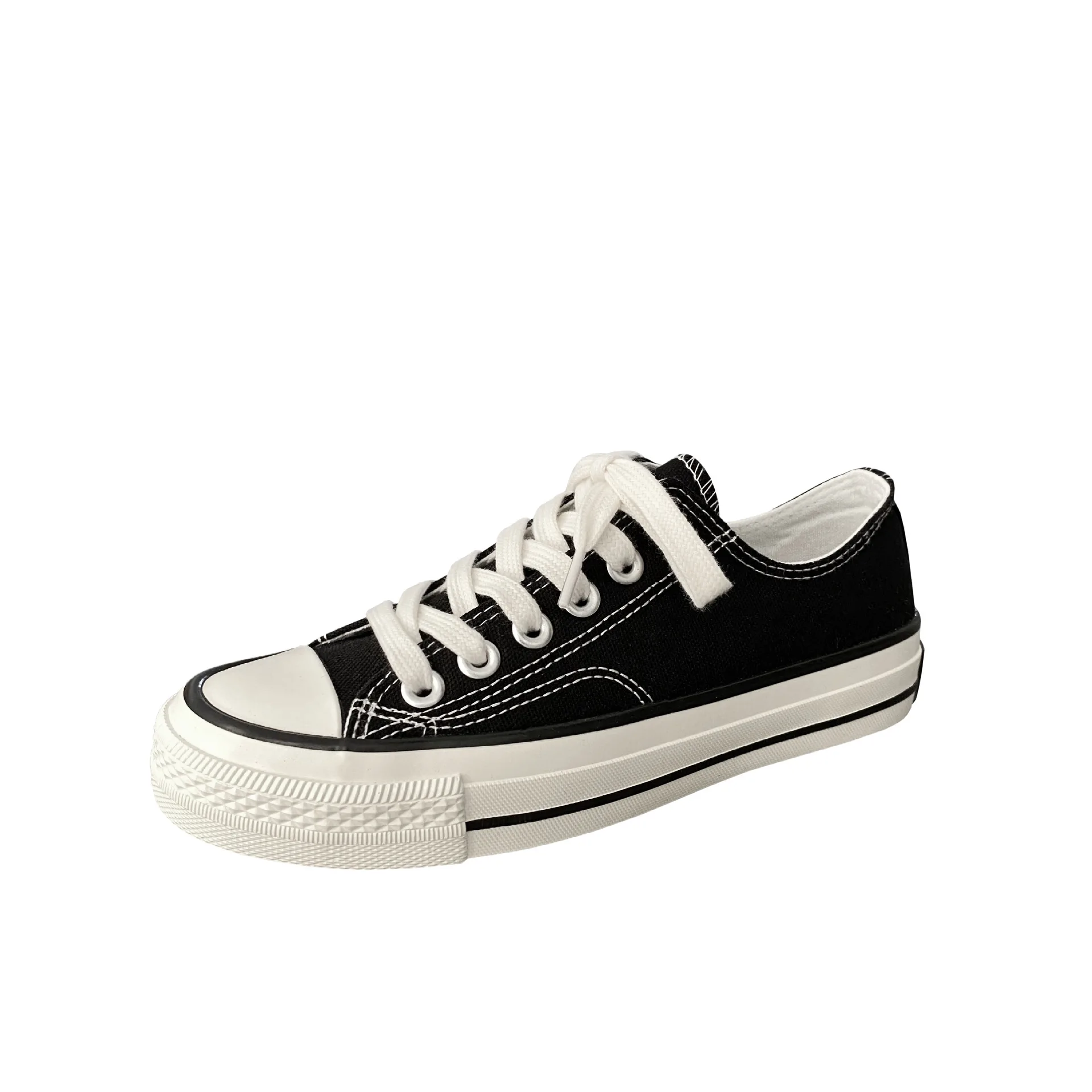2023 Summer Women's Thick Sole Canvas Shoes Flat Bottomed Low Cut Small White Shoes Student Versatile Casual Black Sneakers