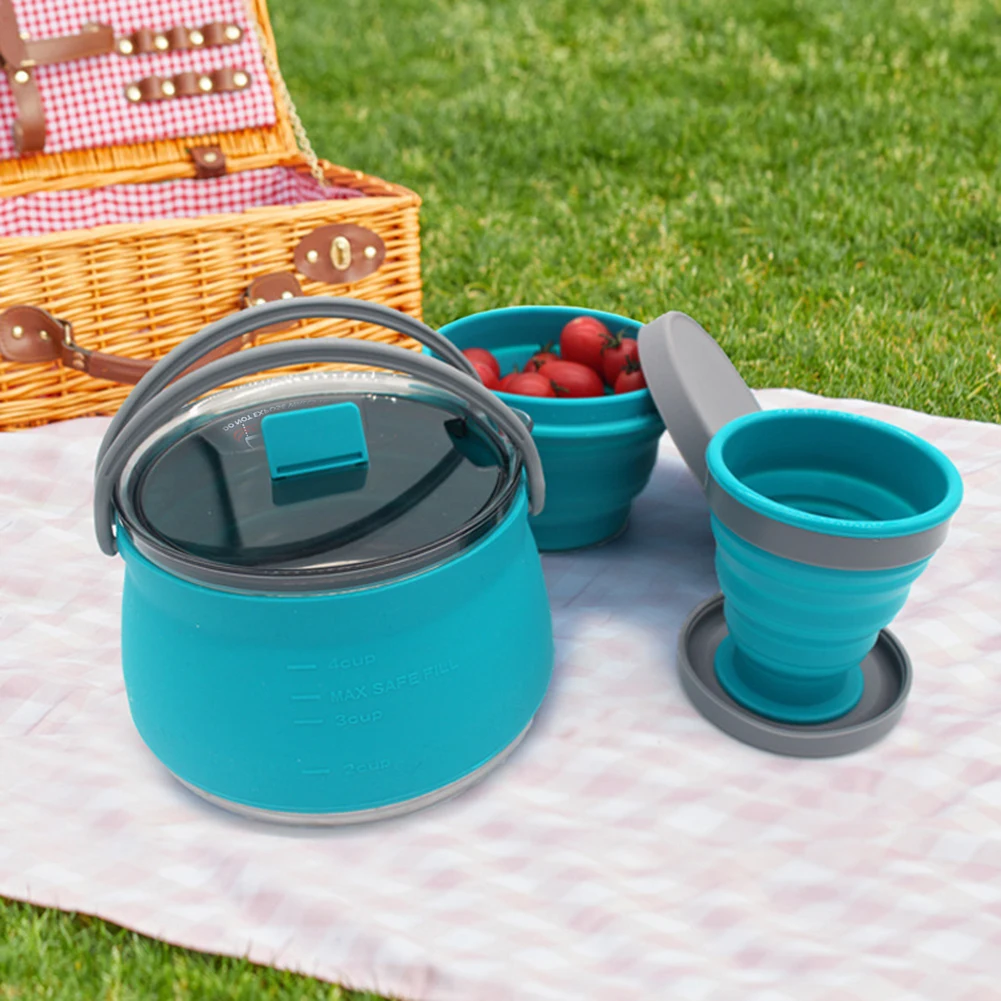 

3pcs Silicone Folding Kettle Cup Set Portable Collapsible Boiling Cooker Water Pot Drinking Cups Bowl Tableware Outdoor Camping