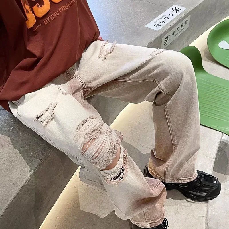 Summer Ripped Baggy Jeans Men Fashion Casual Hole Wide Leg Jeans Mens Japanese Streetwear Loose Hip Hop Straight Denim Pants Men