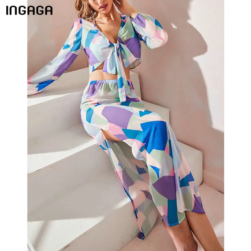 

INGAGA Women Beach Swimsuit 2 Piece Swimwear Long Sleeve Suits with Skirt Long Dress Print Beach Cover Up Bow Summer Beachwear