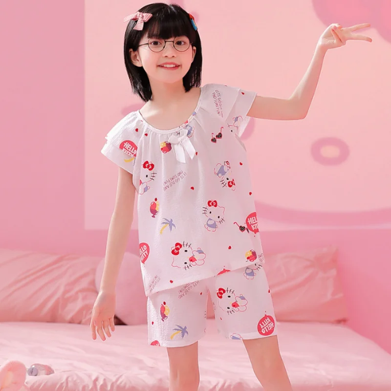 

Sanrio Kawaii Hello Kitty Cinnamoroll Kuromi летняя детская пижама для девочек с коротким рукавом мультяшный женский подарок