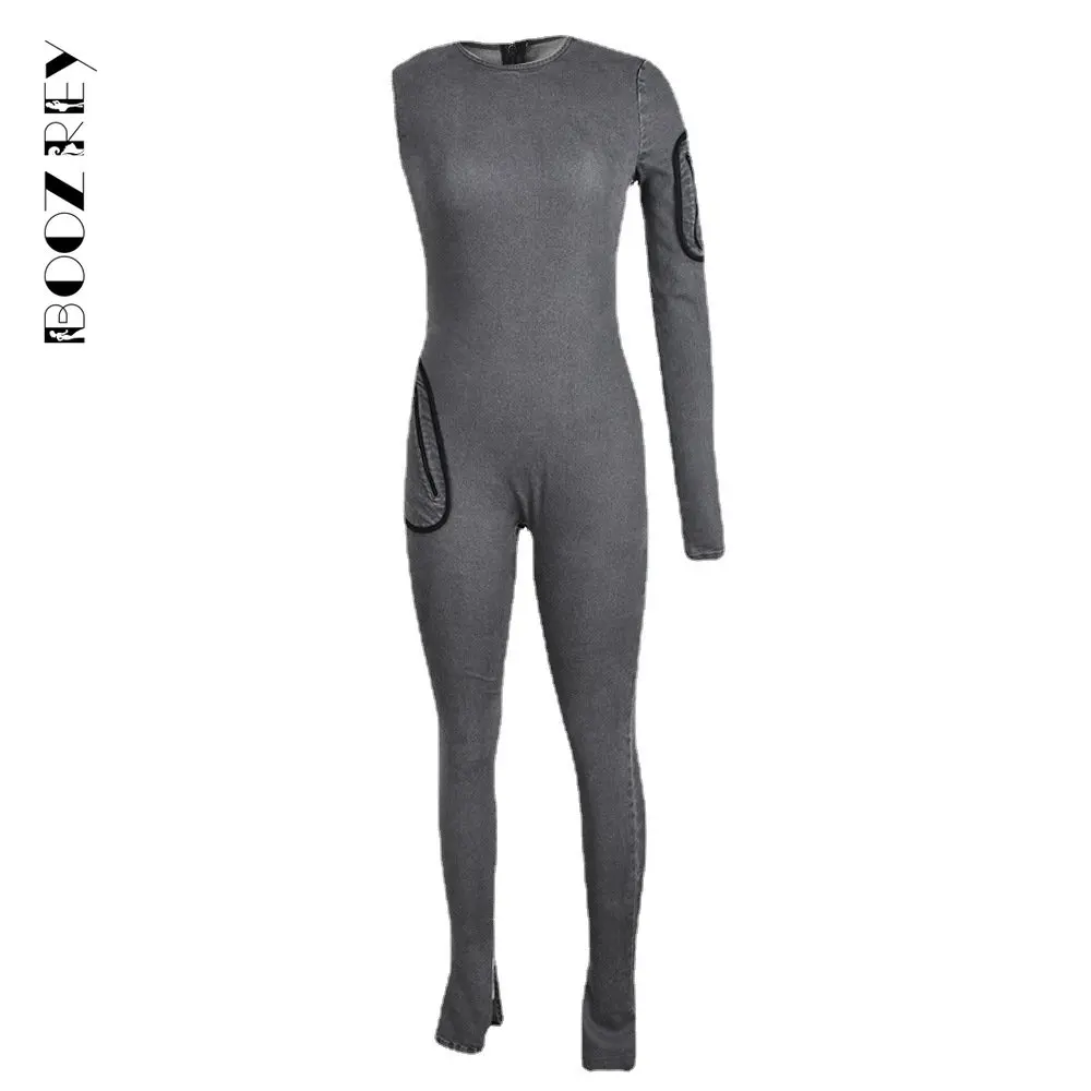 BoozRey Denim Jumpsuit Women Gray Fall Single Sleeve One Piece Clothing with Pockets Girls Hipster Skinny Side Spilt Pencil Pant
