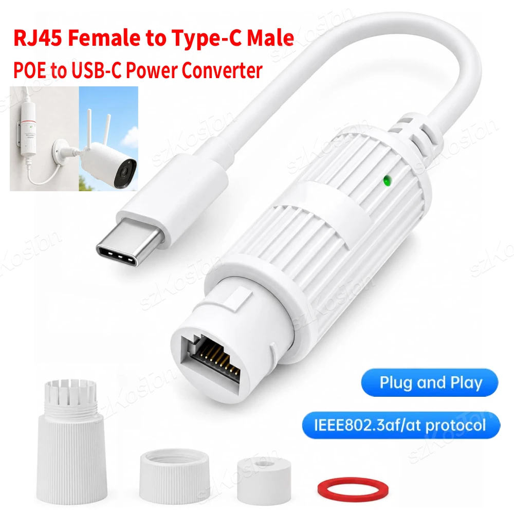 Фото Преобразователь питания POE в USB-C, адаптер RJ45 (гнездо) в Type-C (штекер) для зарядки, водонепроницаемый, для наружного использования, для камер видеонаблюдения №1