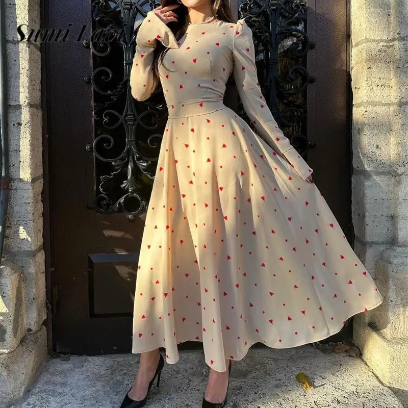 

New Fashion Print O Neck High Waist A-Line Dress French Women Flared Sleeve Autumn Dress Gentle Ladies Lace-up Temperament Dress