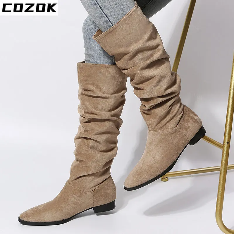 Women's Warm Boots Women's Knee Short Boots Women's Shoes Thick Sole Faux Suede Soft Zipper Women's Winter 2022 Thigh High Boots