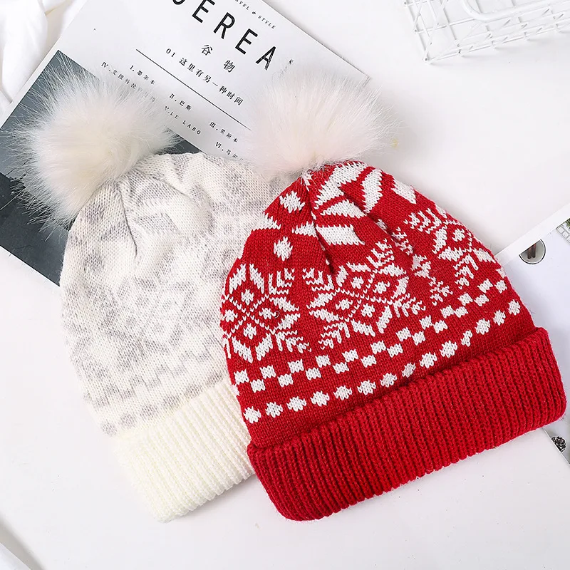 

Winter Christmas Series Snowflake Elk Knitted Cap Women's Fur Ball Warm Wool Beanie Hat Without Eaves Girl Bonnets For Women