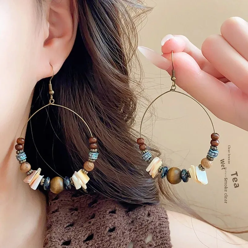 Элегантные винтажные серьги в форме ракушки с деревянными бусинами элитные