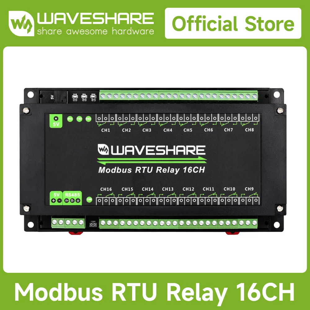 

16-канальный релейный модуль Waveshare Modbus RTU, интерфейс RS485, с несколькими схемами защиты от изоляции, чехол для крепления на рейку