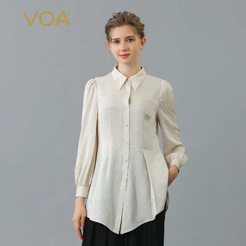 

VOA Jacquard Pure Silk Polo Collar Womens Tops Long Sleeves High Quality Blouse Elegant Asymmetric Loose-leaf Loose Shirt BE1161