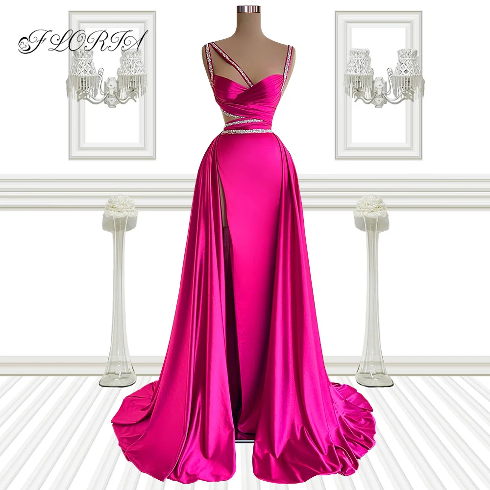 Charming Fuchsia Spaghetti Strap Mermaid Evening Dresses with Overskirt High Slit Satin Evening Gowns Long Formal Party Dress