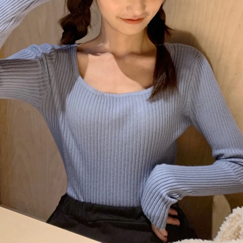

Y2K Office Pullover Woman Knitwear Korean Fashion Square Collar Long Sleeve Knitted Pullovers Cute Sweater Women Dropshipping