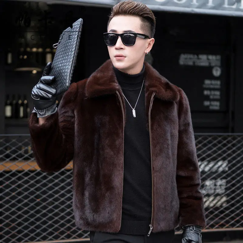 

New Winter Imitation Mink Fur Coats Men Jacket Thick Turn Down Collar Faux Fur Jacket Male Black Overcoat Large Size 6XL E441