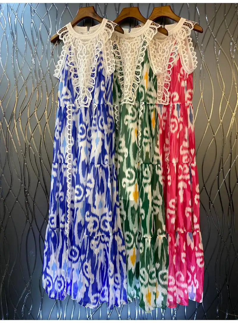 

New 2022 Summer Long Dress High Quality Ladies Crochet Lace Embroidery Blue Green Pink Prints Patchwork Sleeveless Maxi Dress