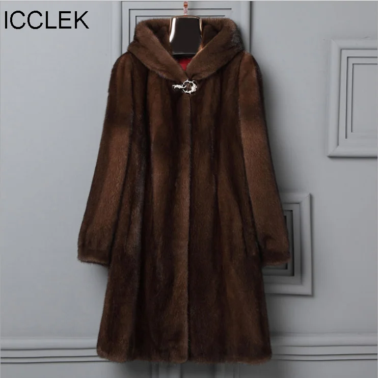ICCLEK 2020 imitation mink coat mink coat women's long coat Haining mink hooded mink fur