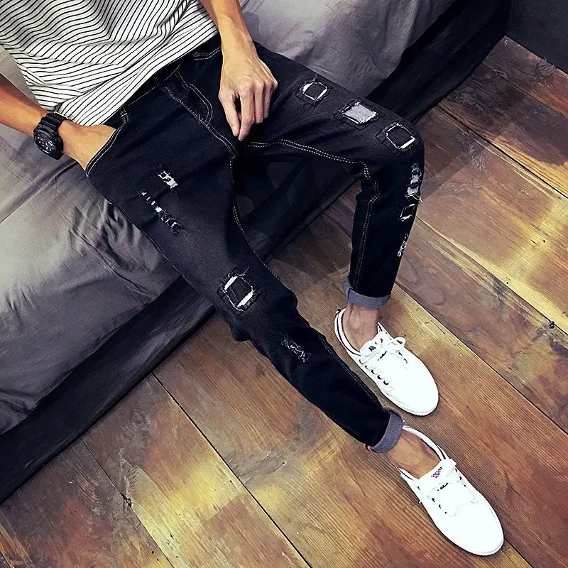 

Summer2022 Fashion Casual Street Japanese Men's Jeans Slim Was Thin Feet Pants Patch Holes Tide Youth Nine Points Pants Cheap