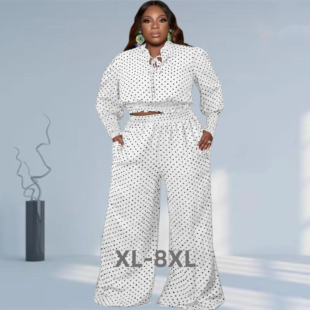 Plus Size Women Clothing 2 Piece Set Outfits Dot Print Elastic Waist Top Casual Wide Leg Pants Fall Wholesale 3xl 4xl 5xl 6xl