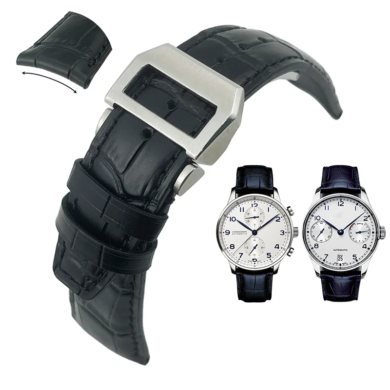 

21mm 22mm Curved End Genuine Cow Leather Watchband Replacement for IWC Portugieser PILOT'S Watches Folding Buckle