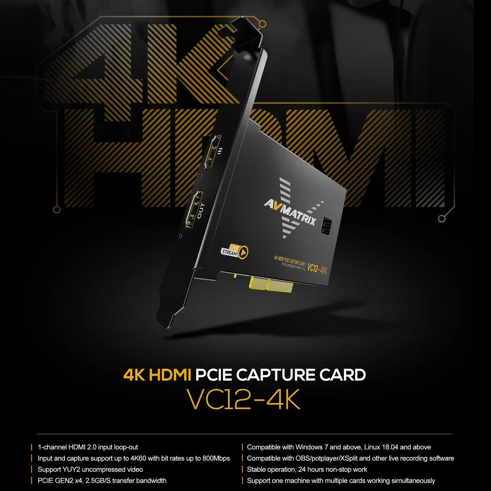 AVMATRIX VC12-4K Карты захвата PCIE Карта игр 4k для прямогоestream и записи в 4K60 UHD со