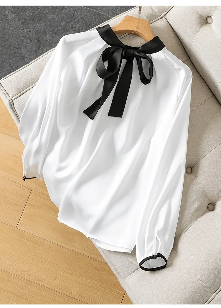 2023 Spring Women's Elegant High Quality O-neck White Shirt Bowtie Blouses Top C946