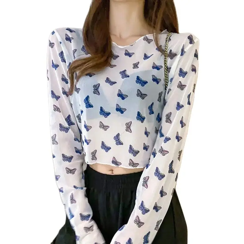 

women tees shirts Sun protection clothing ice silk long-sleeved t-shirt women's summer short tops slim-fit inner mesh P3 1143