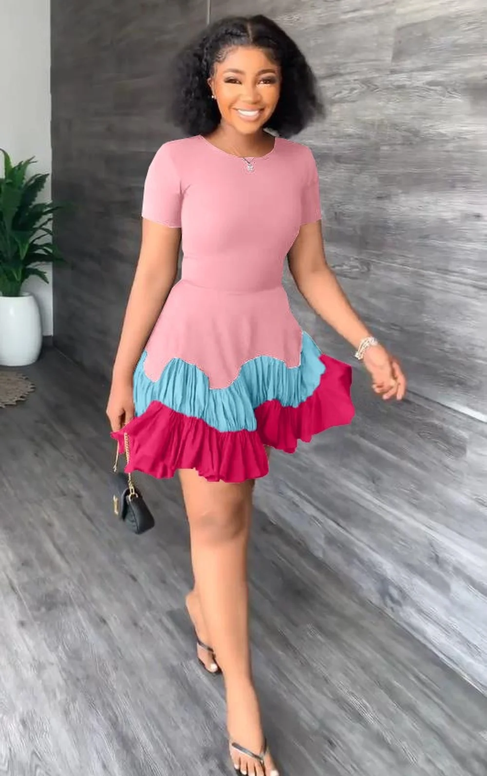 

Fashion Sexy Lady Dress Ruffled Elegant Short Short-sleeved Color-blocked A-line Mini Dress 2022 Summer